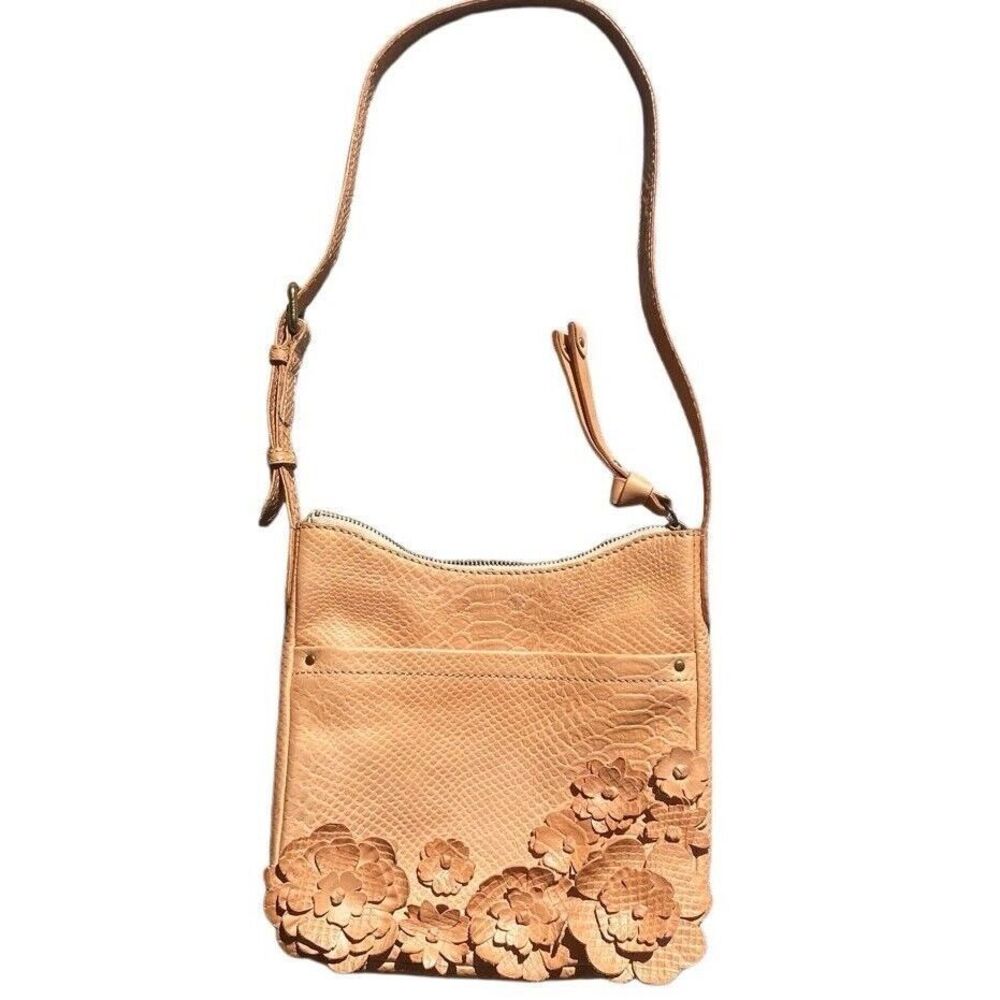 FRYE Crossbody Melissa 3-D Floral Swing Tan Leather Bohemian Crossbody Bag -NEW